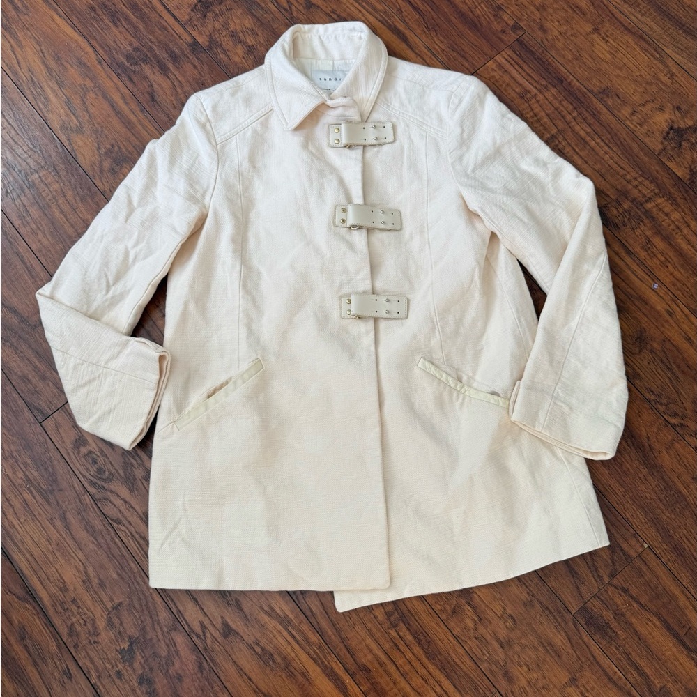 Sandro Paris Buckle Front Cream Cotton Linen Jacket Coat Buckle Details | L